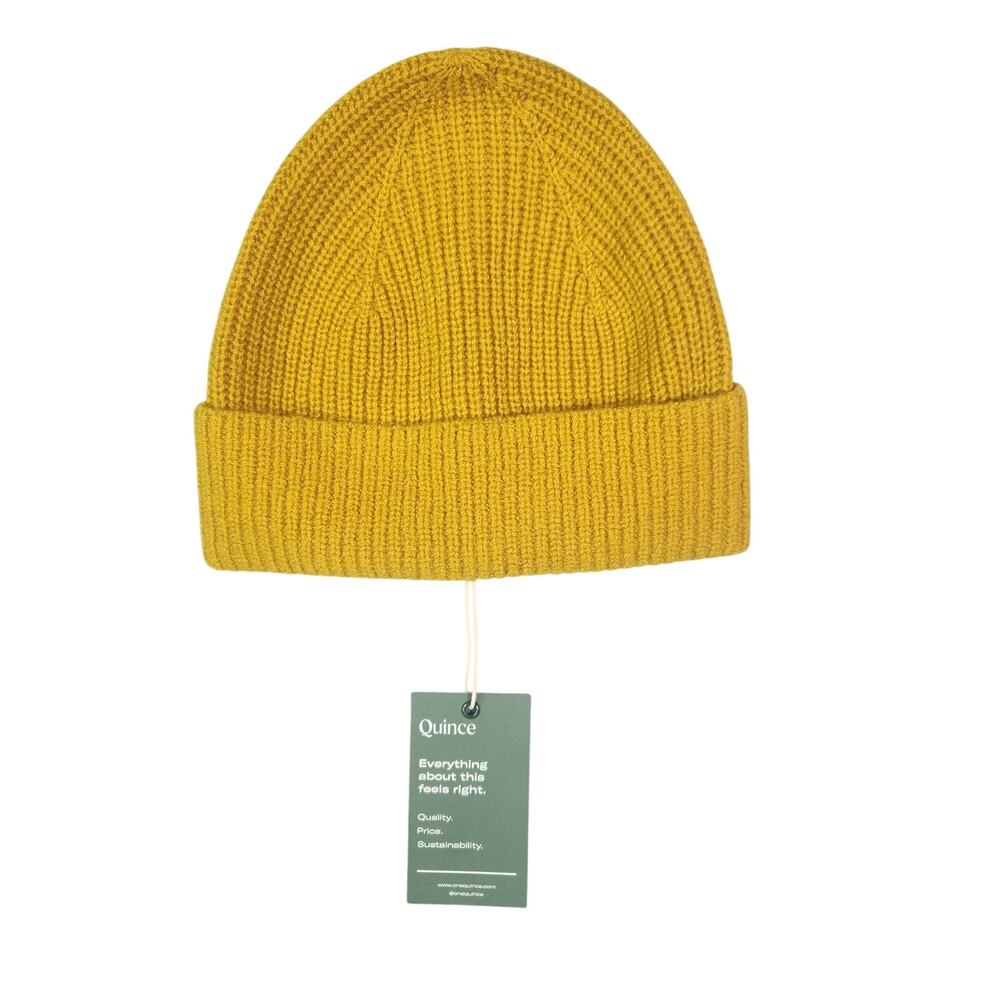 NWT Quince Mongolian Cashmere Ribbed Knit Beanie Hat M/L Mustard Yellow Unisex